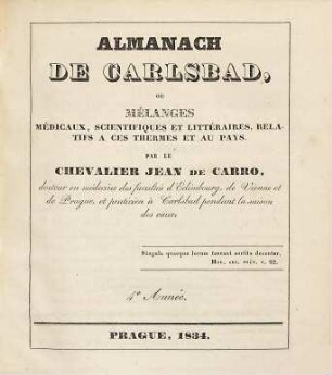 Almanach de Carlsbad ou mélanges médicaux, scientifiques et littéraires, relatifs à ces thermes et au pays, 4. 1834