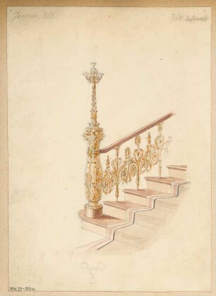 Treppenpfosten mit Kandelaber Monatskonkurrenz Januar 1868: Perspektivische Ansicht