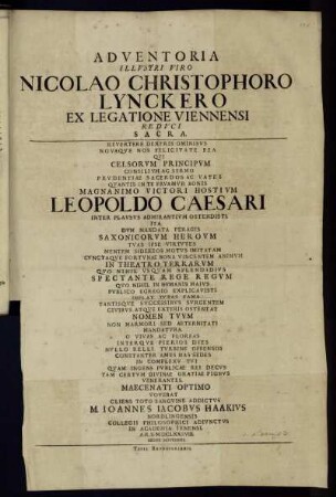 Adventoria Illustri Viro Nicolao Christophoro Lynckero Ex Legatione Viennensi Reduci Sacra
