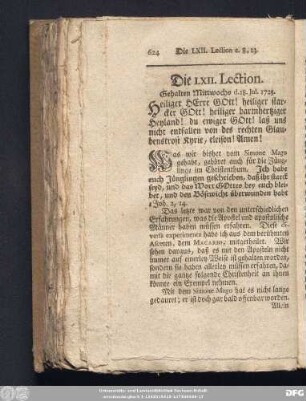 Die LXII. Lection. Gehalten Mittwochs d. 18. Jul. 1725.