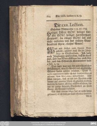 Die LXII. Lection. Gehalten Mittwochs d. 18. Jul. 1725.