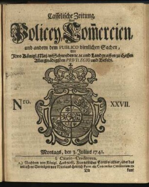 Nro. XXVII, Montags, den 3. Julius 1741