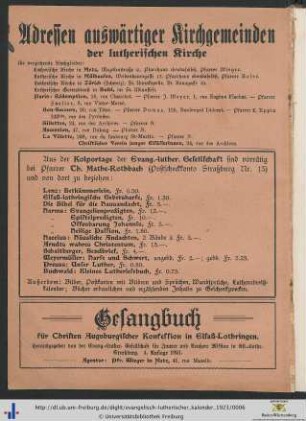 Adressen auswärtiger Kirchgemeinden.