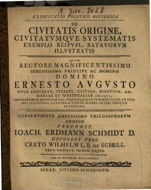 Exercitatio Politico Historica De Civitatis Origine, Civitatvmqve Systematis Exemplo Reipvbl. Batavorvm Illvstratis