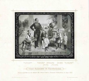 Kaiser Wilhelm II., König von Preußen und Kaiserin Auguste Victoria, Königin von Preußen, mit ihren Kindern auf Veranda stehend, im Hintergrund Gartenlandschaft (Familienbild, neun Personen, mitHund)