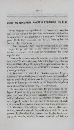 Géometrie descriptive. Concours d´admission, en 1850.