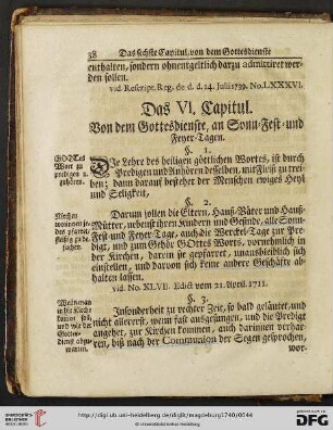 Das VI. Capitul: Von dem Gottesdienste, an Sonn- Fest- und Feyer-Tagen