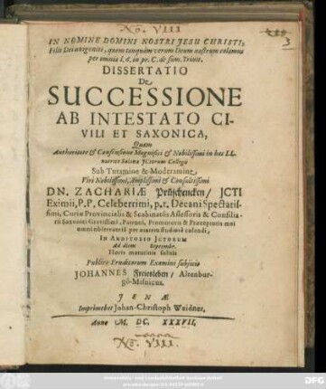 Dissertatio De Successione Ab Intestato Civili Et Saxonica