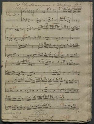 2 Duets, fag (2), op. 8 - BSB Mus.Schott.Ha 3357 : [caption title at tail of f. 1r] Deux Duos // faciles // composés et dediés // à // Monsieur le Capitaine Rocholl // par // Charles Almenraeder