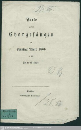 Texte zur den Chorgesängen am Sonntage Lätare 1866 in der Annenkirche