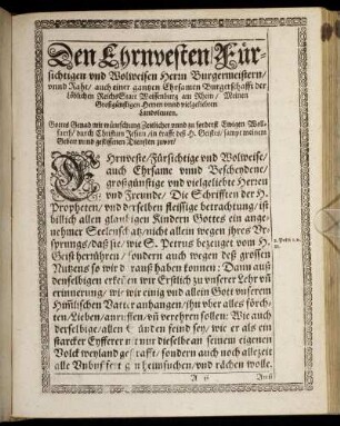 Den Ehrnvesten ... Herrn Burgermeistern unnd Raht ... der ReichsStatt Weissenburg am Rhein ...