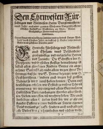 Den Ehrnvesten ... Herrn Burgermeistern unnd Raht ... der ReichsStatt Weissenburg am Rhein ...