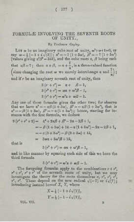 Formulae involving the seventh roots of unity.
