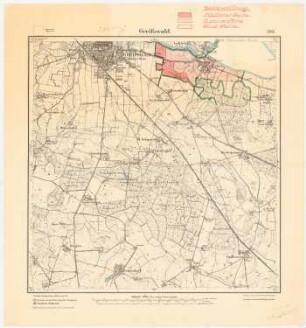 Gutachten zur Stadterweiterung, Greifswald-Eldena: Planungsunterlage Messtischkarte, Teilblatt 593 (Greifswald) 1:25000, mit Angabe der Grundstücksflächen verschiedener Besitzer