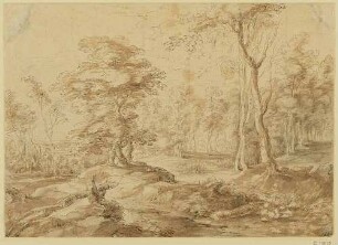 Landschaft, links und rechts mit Bäumen bewachsene Felsen, in der Mitte ein Fluss
