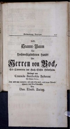 LIX. Stamm-Baum des Hochwohlgebohrnen Hauses der Herren von Bock