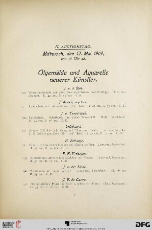 II. Auctionstag: Mittwoch, den 12. Mai 1909, von 10 Uhr ab. Ölgemälde und Aquarelle neuerer Künstler (Nr. 190-350)