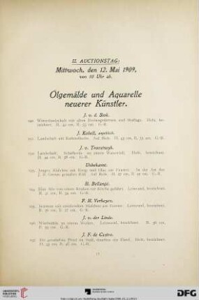 II. Auctionstag: Mittwoch, den 12. Mai 1909, von 10 Uhr ab. Ölgemälde und Aquarelle neuerer Künstler (Nr. 190-350)