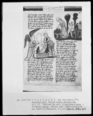 Jean de Mandeville, Reise nach Jerusalem — Textseite mit zwei Illustrationen, Folio 27recto
