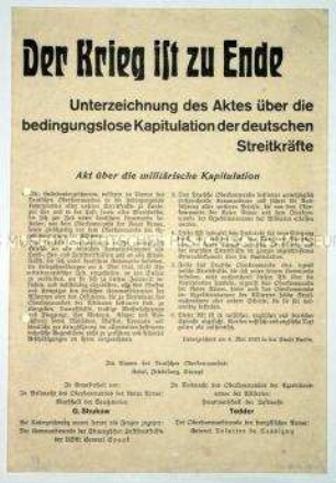Flugblatt mit dem Text der bedingungslosen Kapitulation der deutschen Streitkräfte vom 08.05.1945