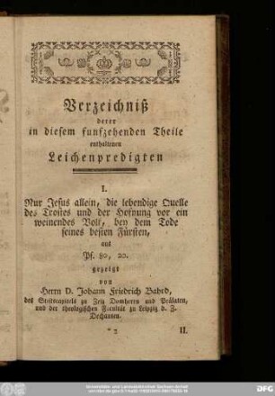 Verzeichniß derer in diesem funfzehenden Theile enthaltenen Leichenpredigten