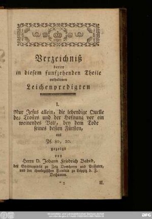 Verzeichniß derer in diesem funfzehenden Theile enthaltenen Leichenpredigten