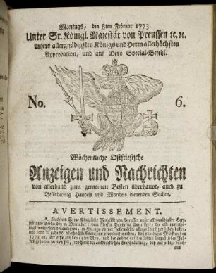 No. 6. Montags, den 8ten Februar 1773.