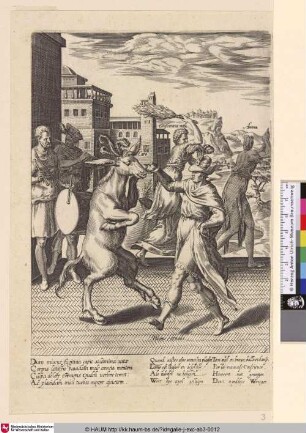 [Ein Mann tanzt mit einem Esel als Personifikation des Fleisches, im Hintergrund wird die Personifikation der Seele davongejagt]