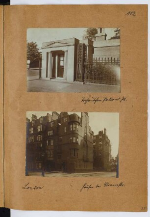 Torhäuschen Portland Place, London. Häuser Sloane Street, London: Ansichten (aus: Skizzen- und Fotoalbum 26)