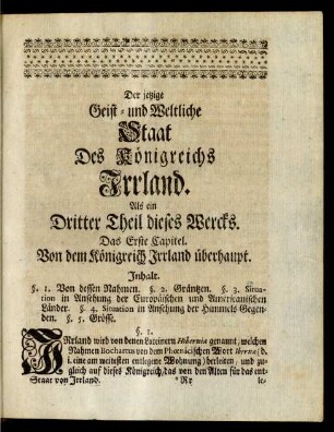 Der jetzige Geist- und Weltliche Staat Des Königreichs Irrland. Als ein Dritter Theil dieses Wercks.