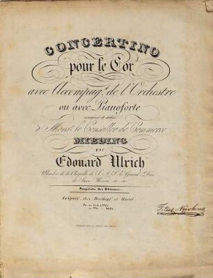 Concertino pour le Cor ave Accompag. de l'Orchestre ou avec Pianoforte
