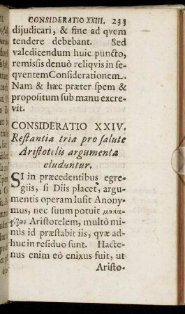 Consideratio XXIV. Restantia tria pro salute Aristotelis argumenta eluduntur.