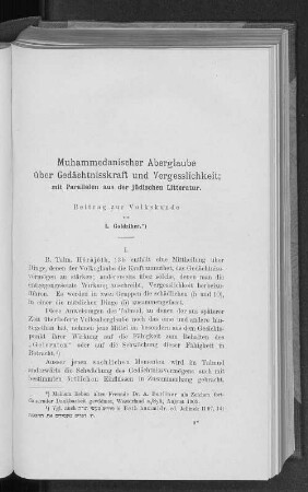 Muhammedanischer Aberglaube über Gedächtnisskraft und Vergesslichkeit; mit Parallelen aus der jüdischen Litteratur.