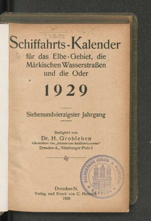 47.1929: Schiffahrts-Kalender für das Elbe-Gebiet und die Märkischen Wasserstrassen