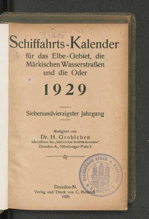 47.1929: Schiffahrts-Kalender für das Elbe-Gebiet und die Märkischen Wasserstrassen