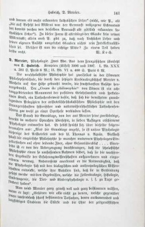 141-142 [Rezension] Mercier, Désiré, Psychologie