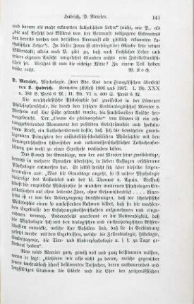 141-142 [Rezension] Mercier, Désiré, Psychologie
