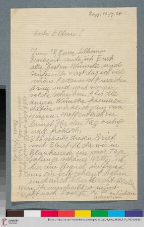 Briefe: Brief von Elfriede Lohse-Wächtler an Sidonie Wächtler und Gustav Adolf Wächtler