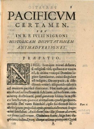 Pacificum Certamen : seu in Rever. P. Julii Nigroni Genuensis S. J. presbyteri opusculum posthumum ... animadversiones