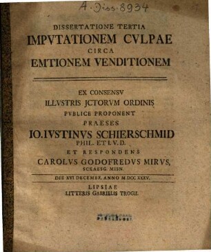 Dissertatione Tertia Impvtationem Cvlpae Circa Emtionem Venditionem