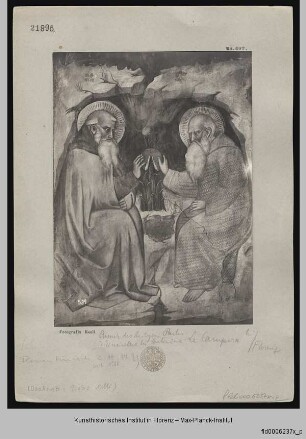 Freskenzyklus mit Szenen aus der Vita des heiligen Antonius : Der heilige Antonius im Gespräch mit dem Eremiten Paulus und Grablegung und Himmelfahrt des heiligen Antonius : Der heilige Antonius im Gespräch mit dem Eremiten Paulus