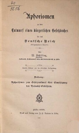 Aphorismen zu dem Entwurf eines bürgerlichen Gesetzbuches für das Deutsche Reich : Allgem. Theil