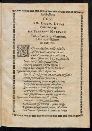 In libellum Cl. V. Dn. Doct. Lucae Pollionis De Febribus Malignis ... Hendecasyllabum ad autorem.