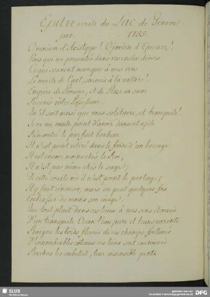 Epitre ecrite du Lac de Geneve par . . . 1755