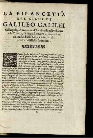 La Bilancetta Del Signore Galileo Galilei.