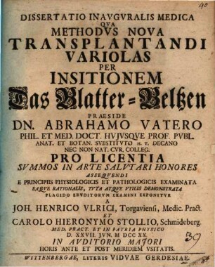 Dissertatio Inavgvralis Medica Qva Methodvs Nova Transplantandi Variolas Per Insitionem : = Das Blatter-Beltzen