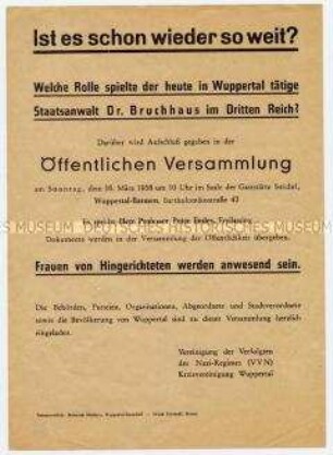 Aufruf der VVN Wuppertal zu einer Veranstaltung über die NS-Vergangenheit eines Staatsanwaltes