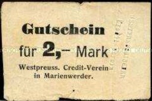 Marienwerder, Notgeld des westpreußischen Kreditvereins in Marienwerder, 2 Mark