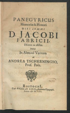 Panegyricus Memoriae & Honori Viri Summi D. Jacobi Fabricii
