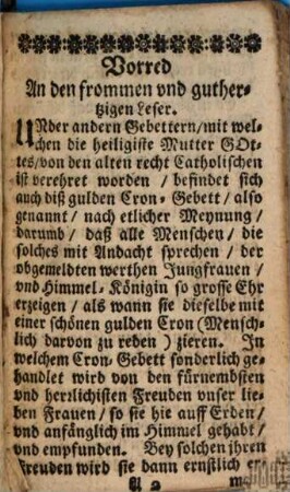 Das gulden Cron-Gebett von unser lieben Frauen sambt der Lauretanischen Litaney, und fünff schöne Auffopfferung zu Jesu und Maria